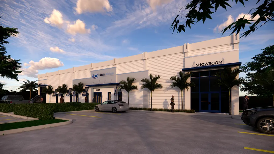 Showroom & warehouse, exterior day rendering