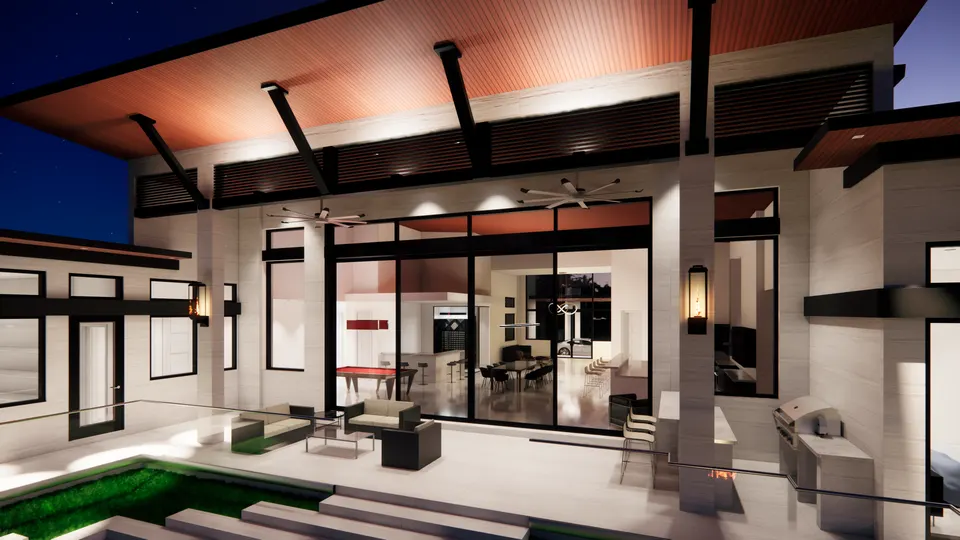 Modern residence, exterior dusk rendering