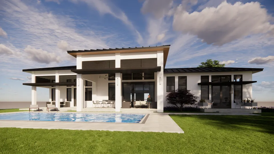 Modern pool residence, exterior day rendering